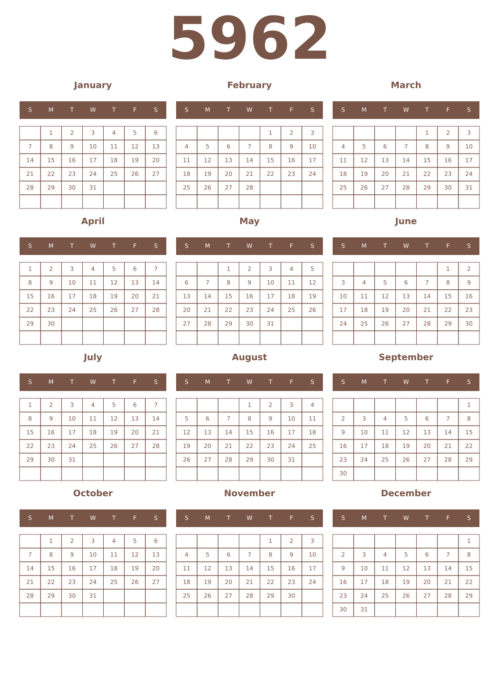 Printable 5962 Year Calendars coffe