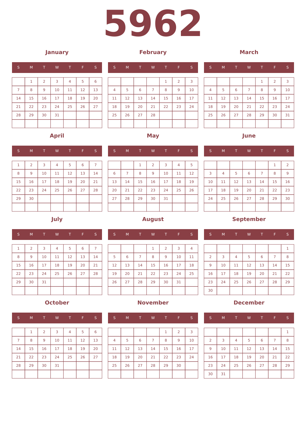 Printable 5962 Year Calendars cordovan