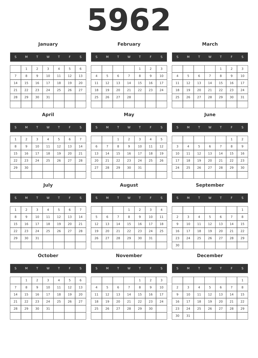 Printable 5962 Year Calendars dark
