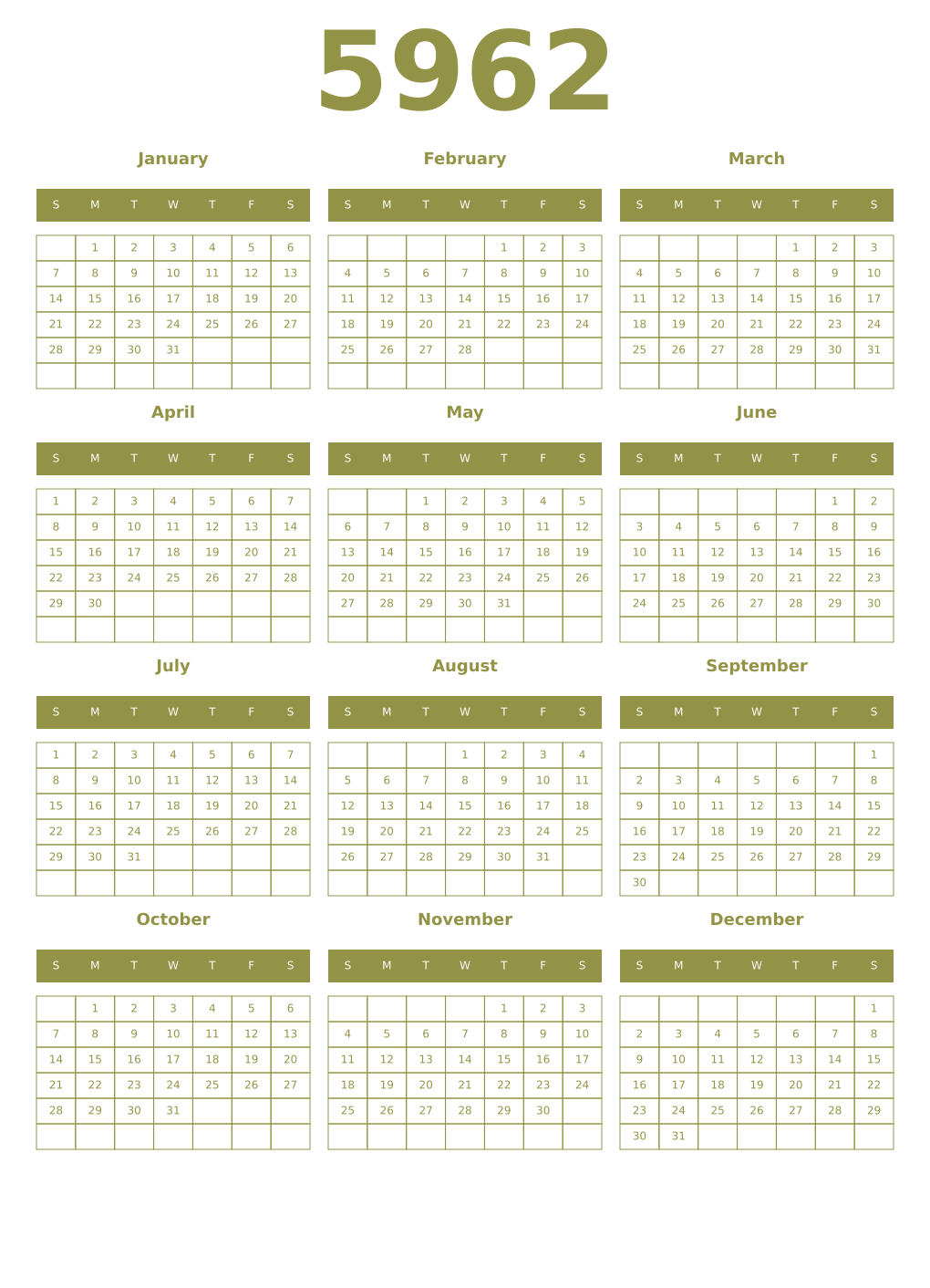 Printable 5962 Year Calendars eburnean