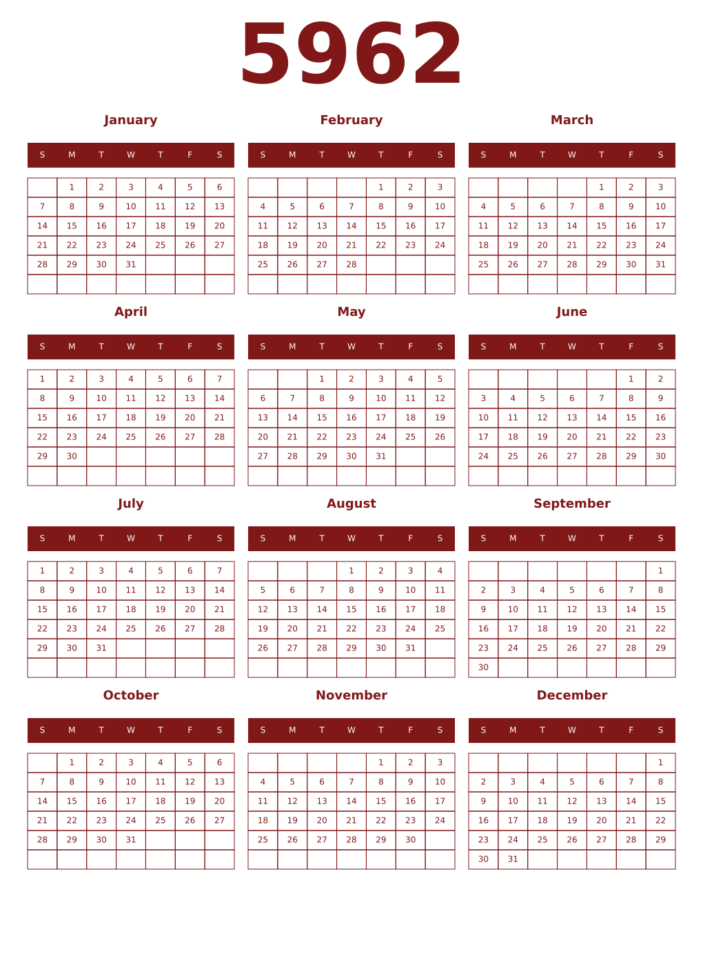 Printable 5962 Year Calendars falu