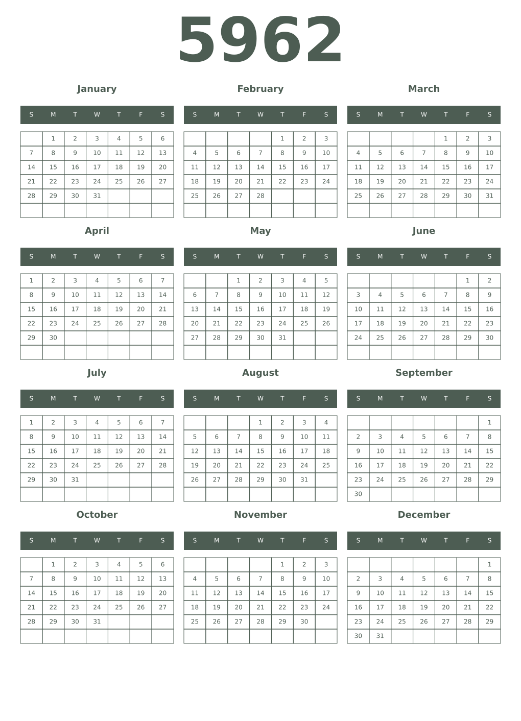 Printable 5962 Year Calendars feldgrau