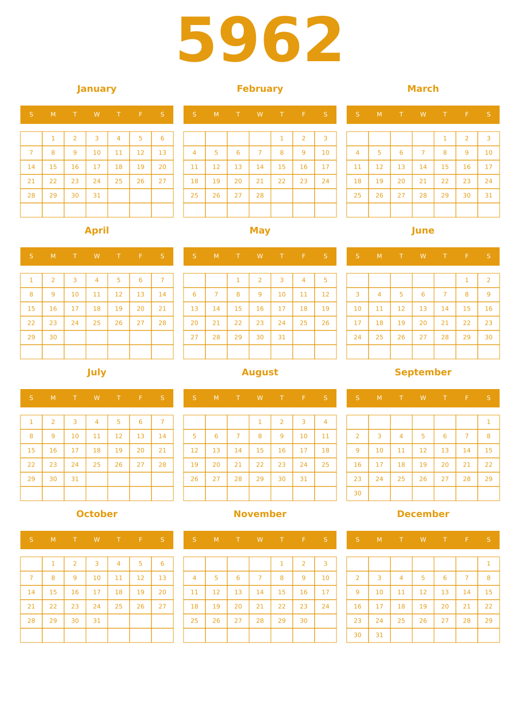 Printable 5962 Year Calendars gamboge