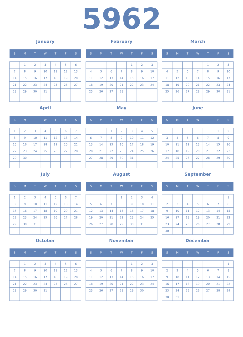 Printable 5962 Year Calendars glaucous