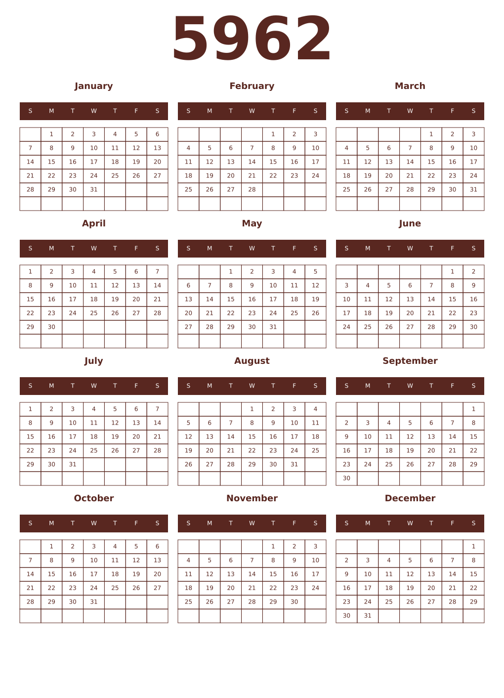 Printable 5962 Year Calendars mortuum