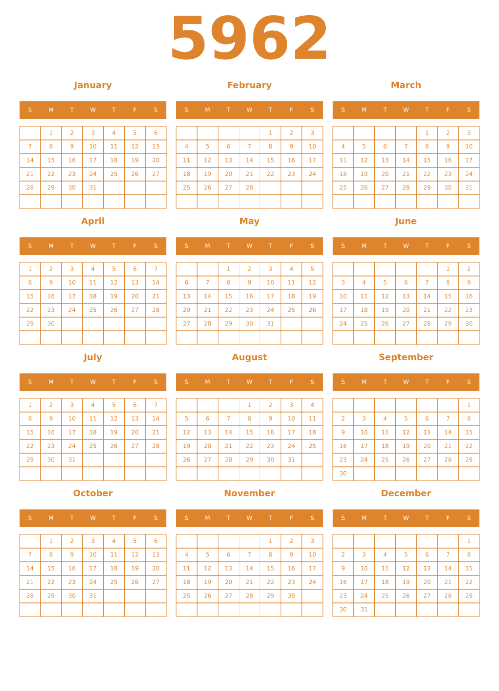 Printable 5962 Year Calendars orange