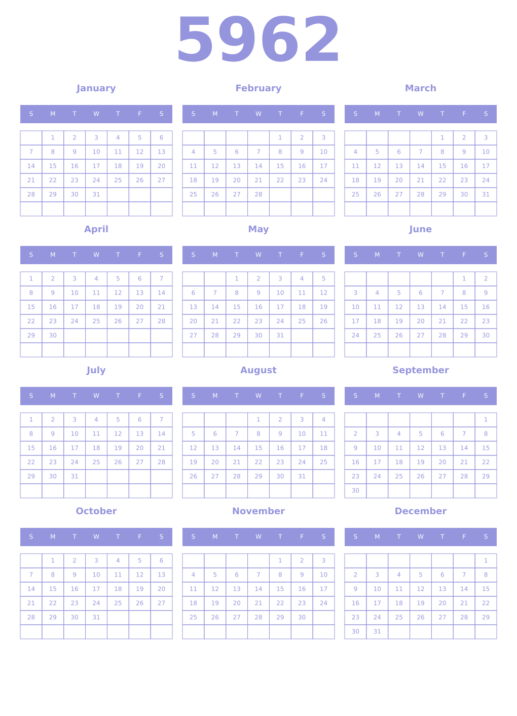 Printable 5962 Year Calendars periwinkle