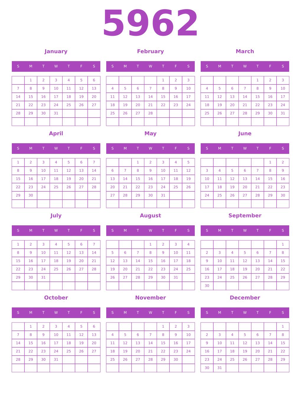 Printable 5962 Year Calendars purple