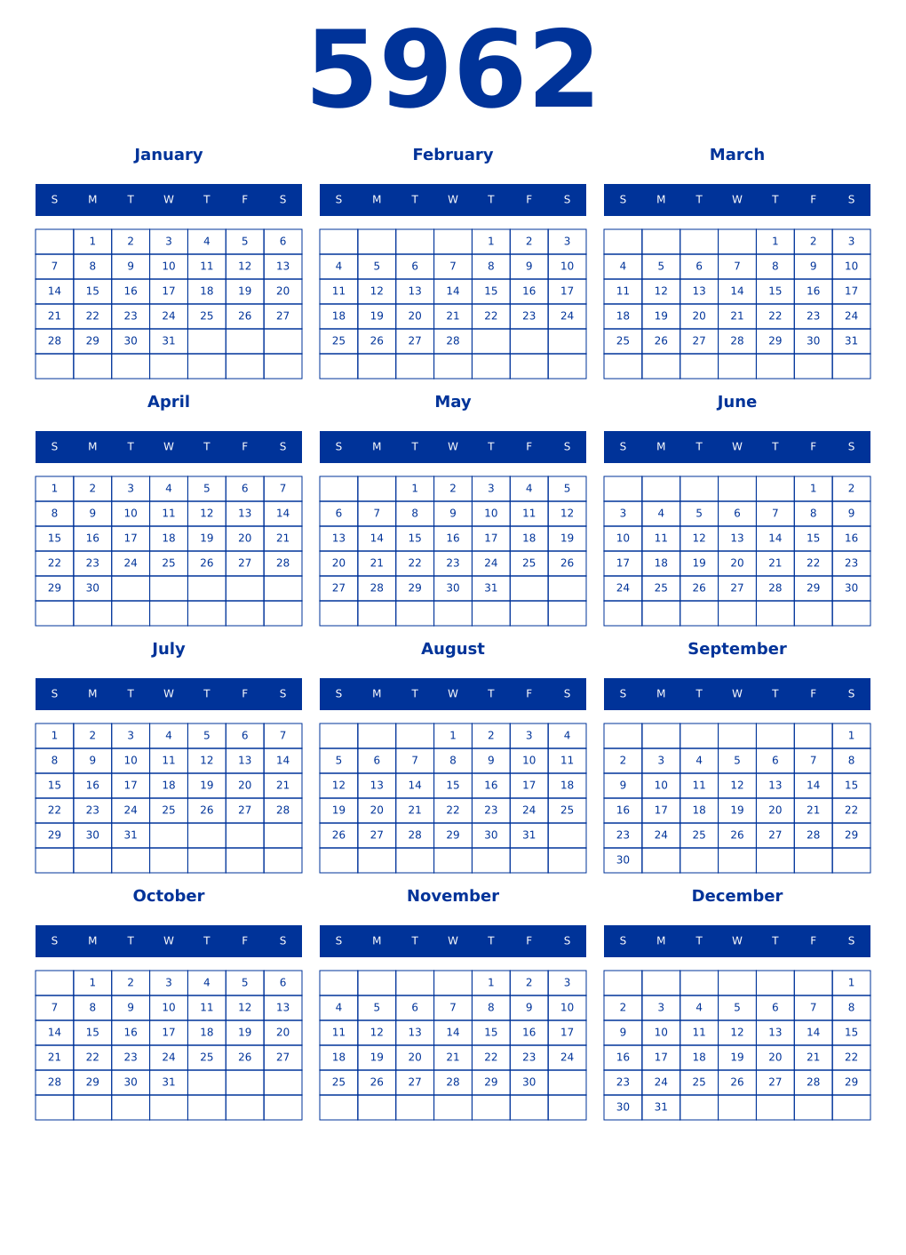 Printable 5962 Year Calendars smalt