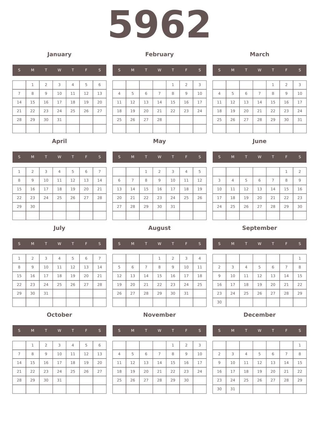 Printable 5962 Year Calendars wenge