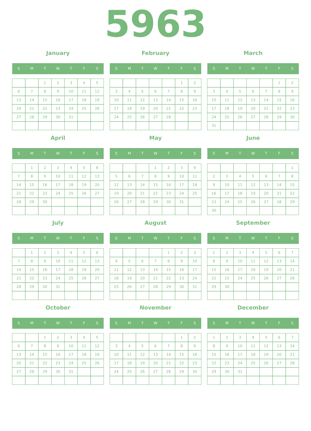 Printable 5963 Year Calendars celadon