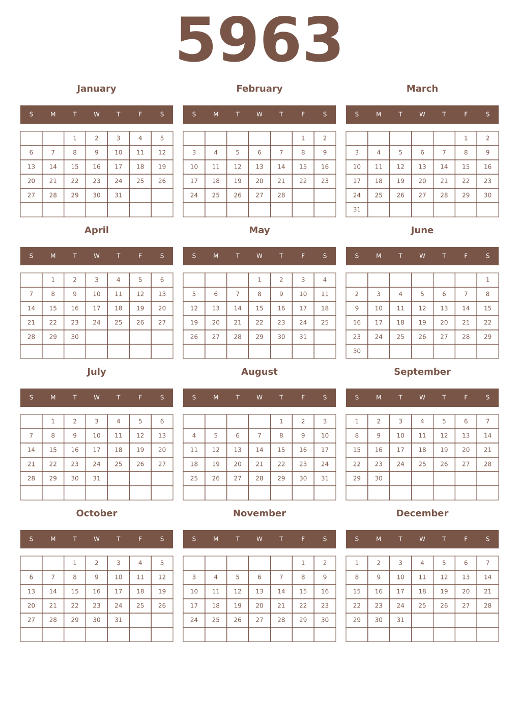 Printable 5963 Year Calendars coffe