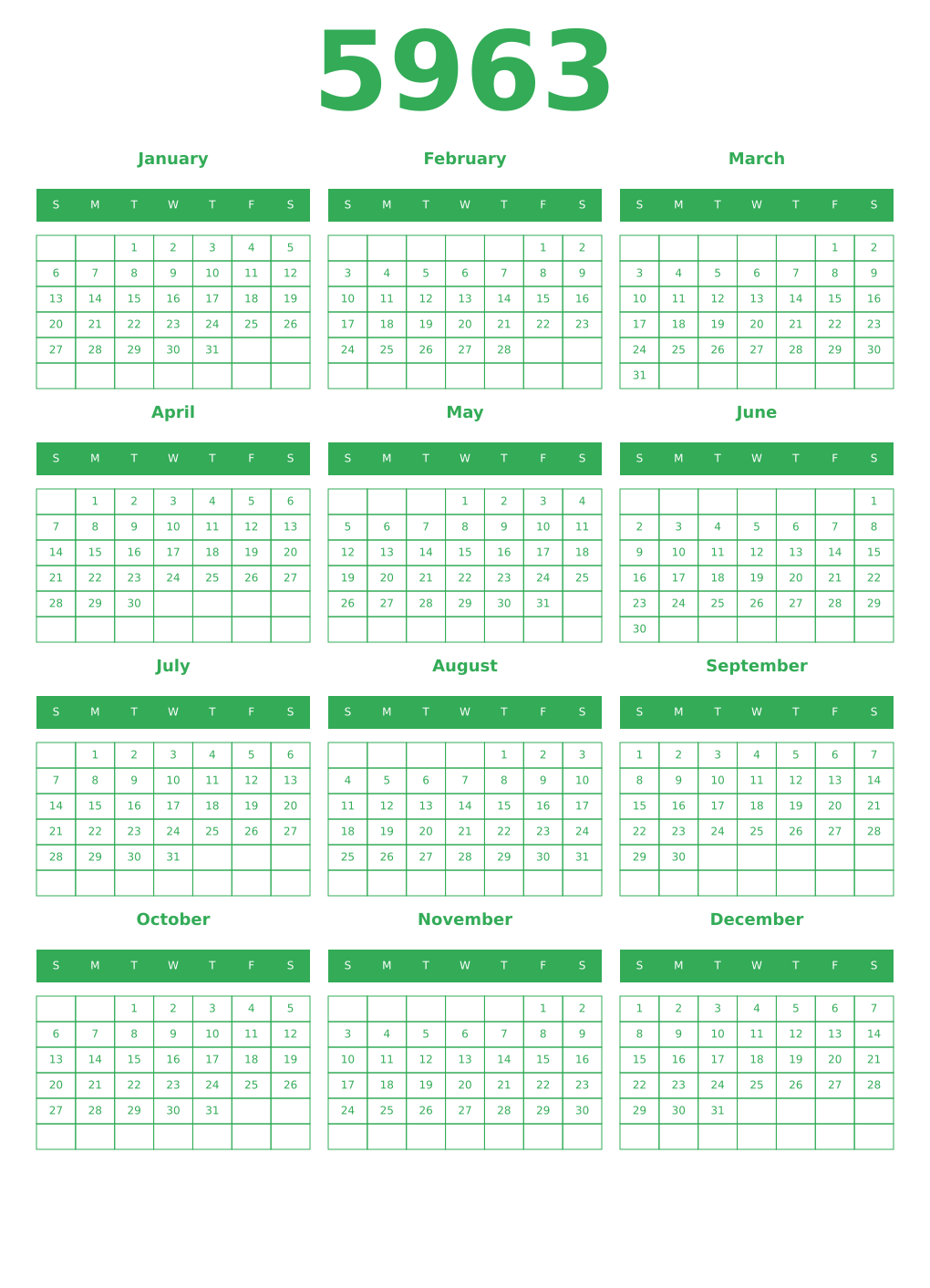 Printable 5963 Year Calendars green