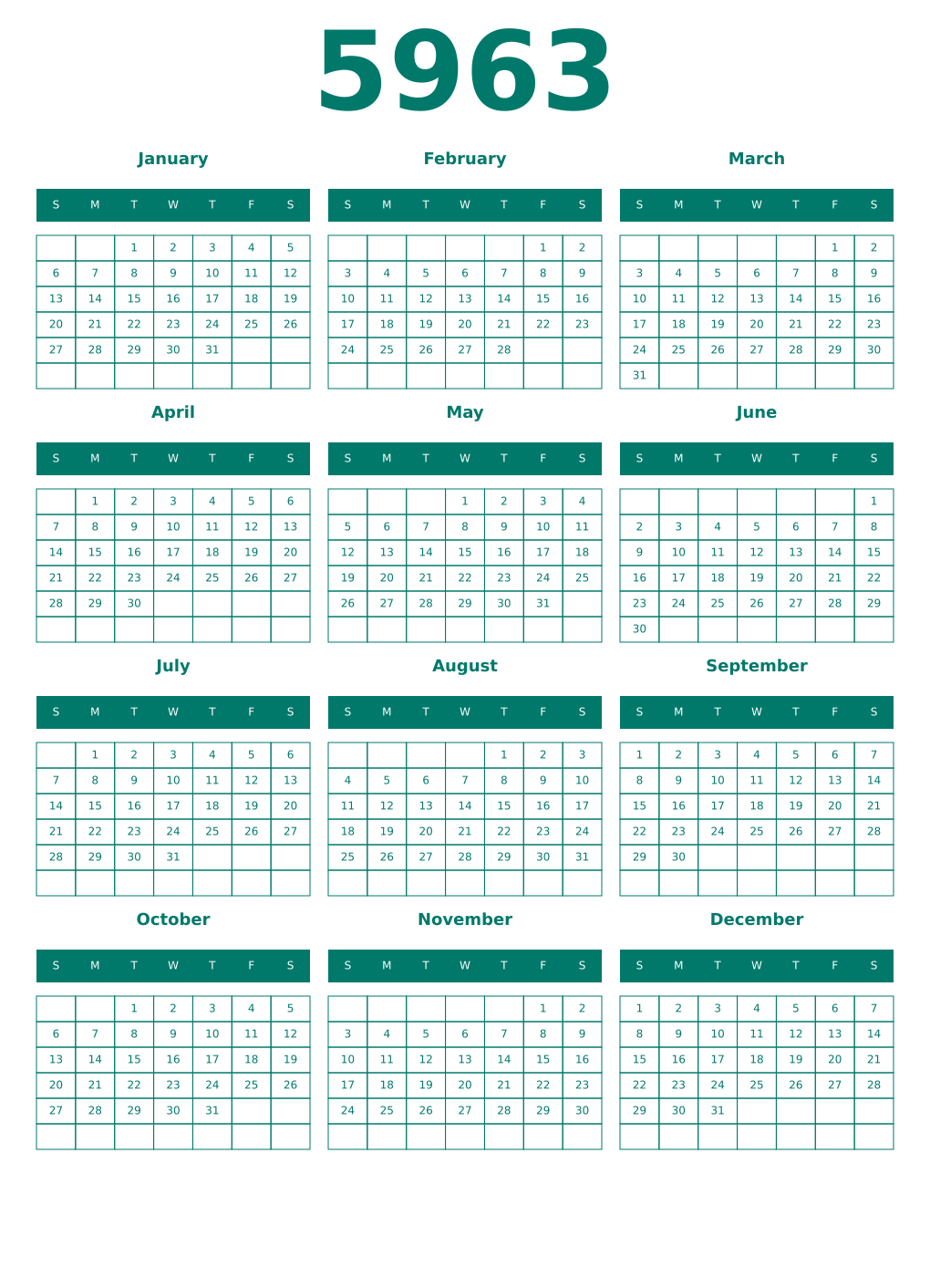 Printable 5963 Year Calendars pastel