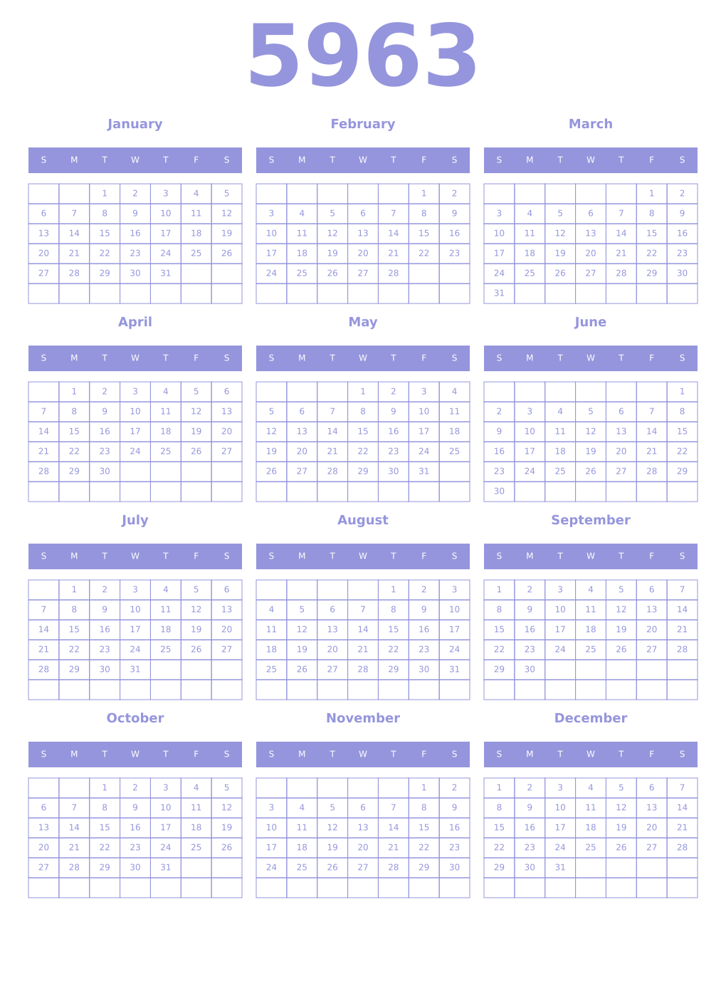 Printable 5963 Year Calendars periwinkle