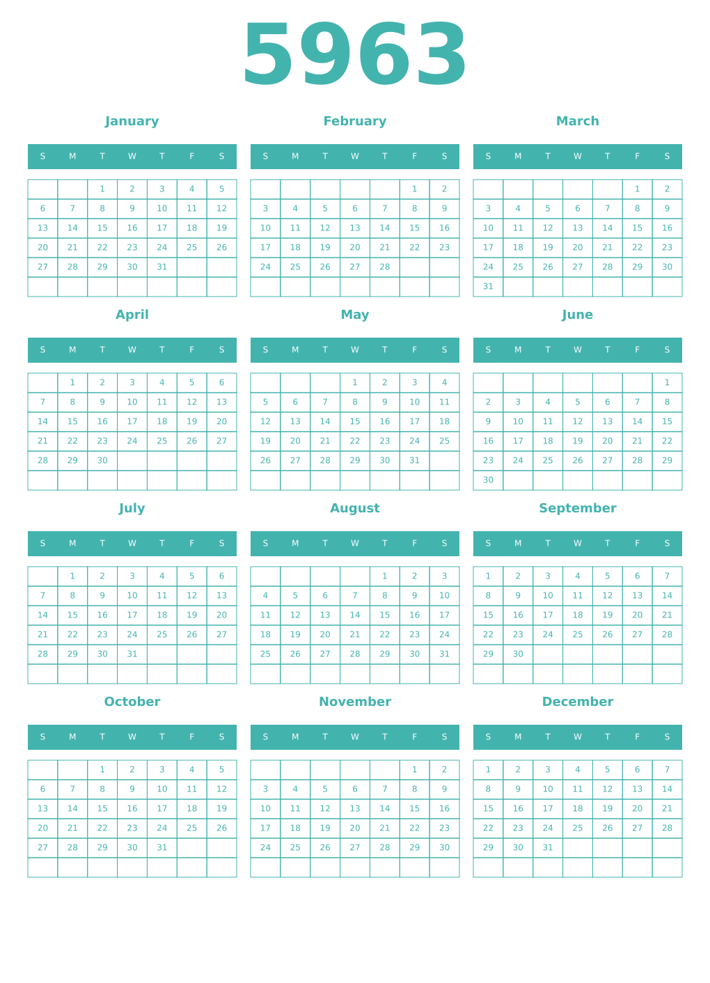 Printable 5963 Year Calendars verdigris