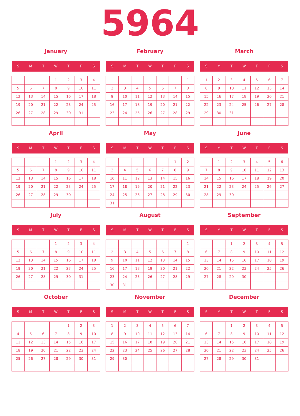 Printable 5964 Year Calendars amaranth