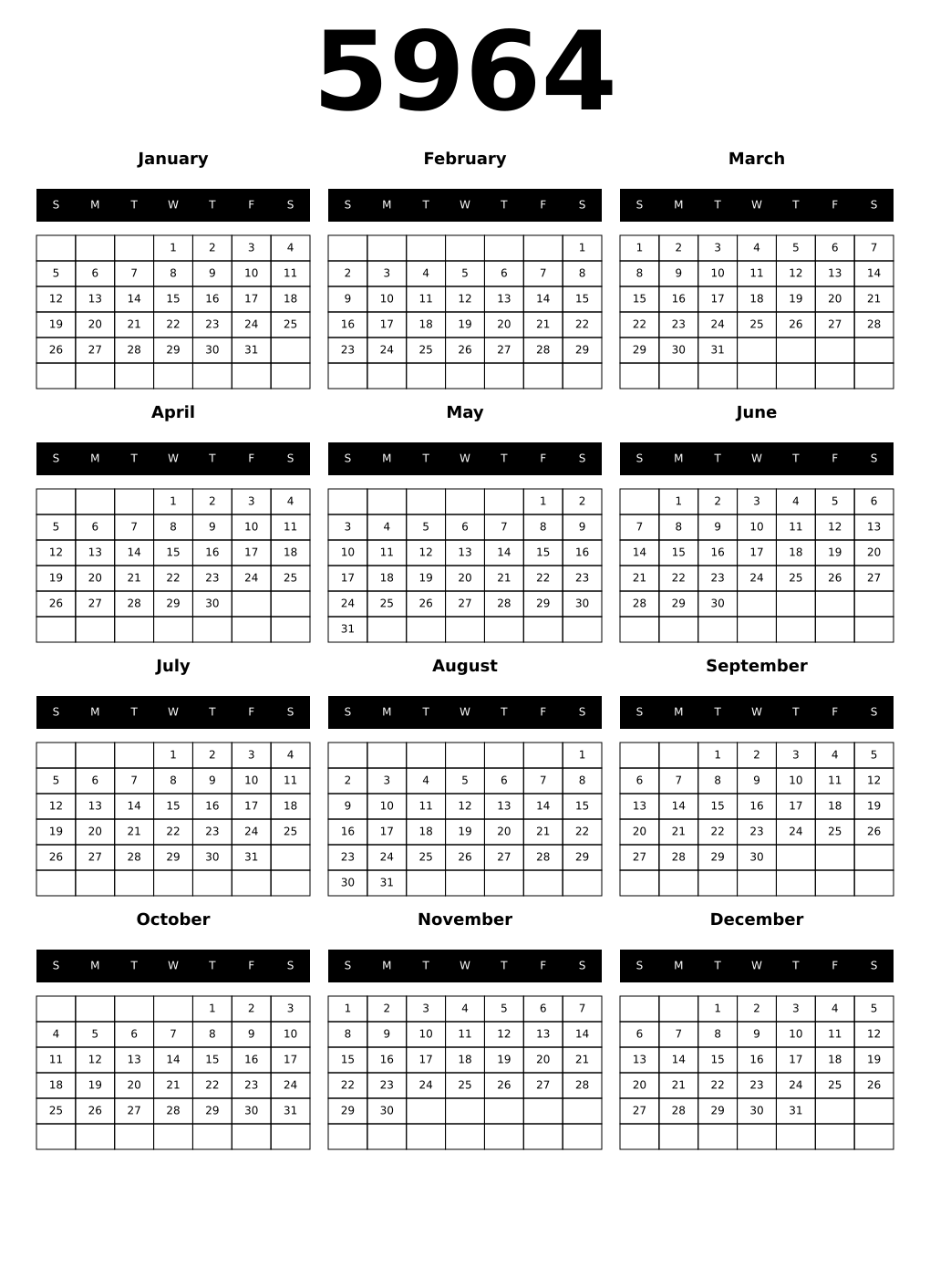 Printable 5964 Year Calendars black