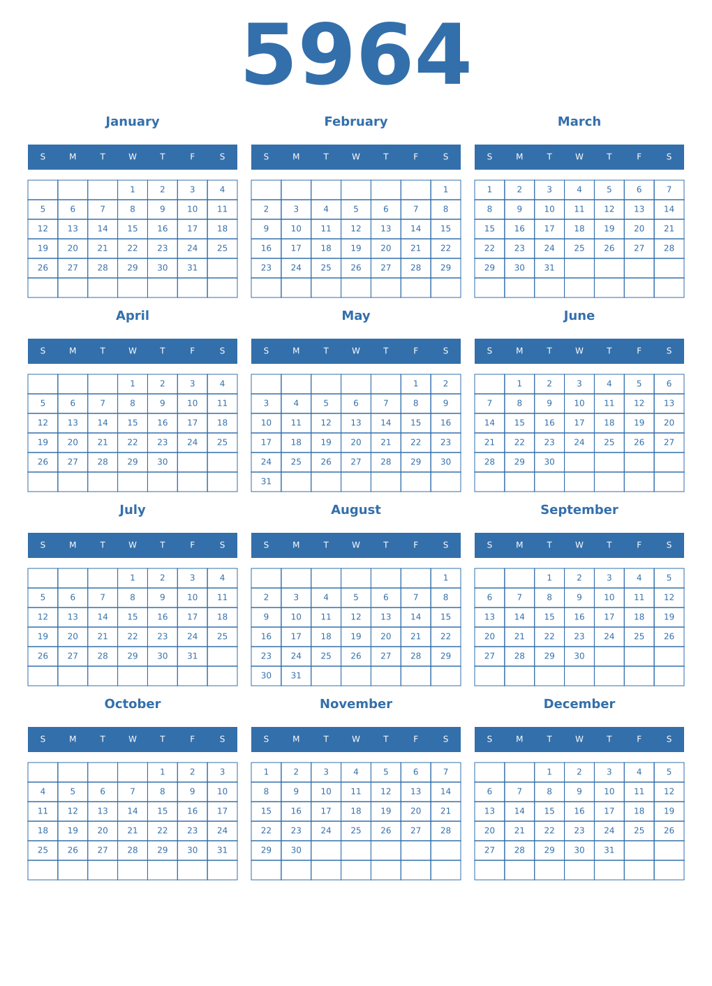 Printable 5964 Year Calendars blue