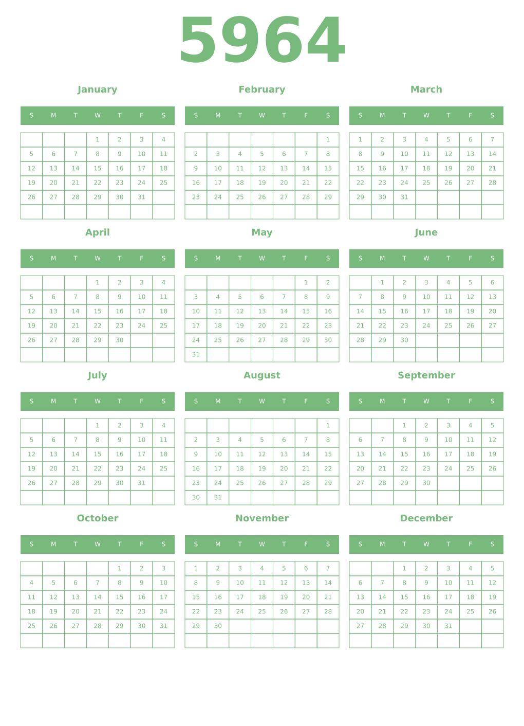 Printable 5964 Year Calendars celadon