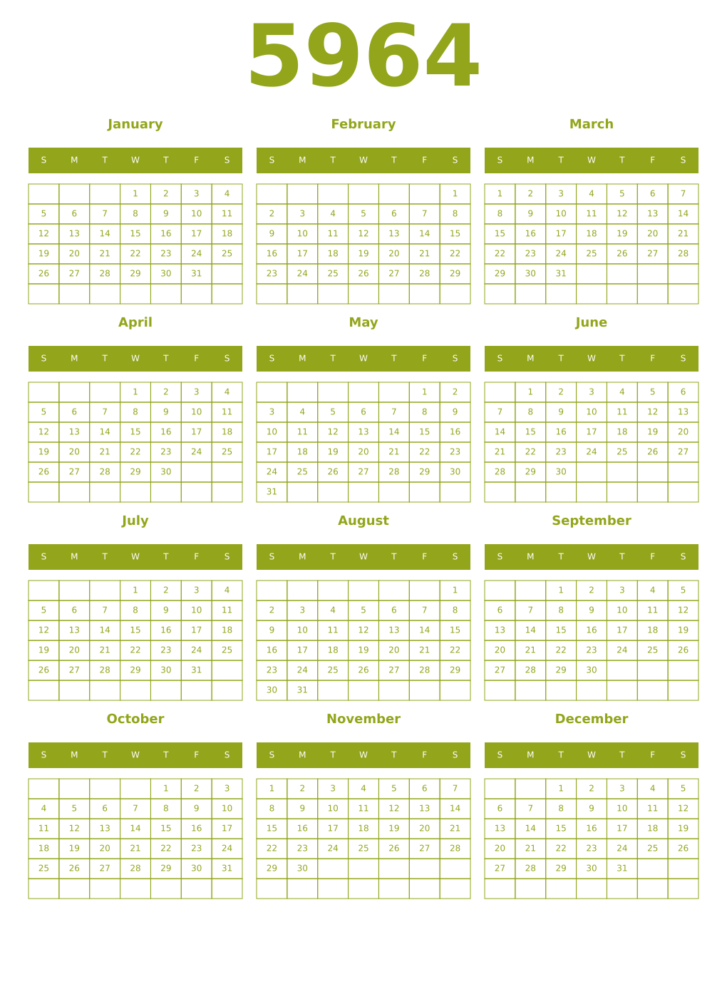 Printable 5964 Year Calendars chartreuse