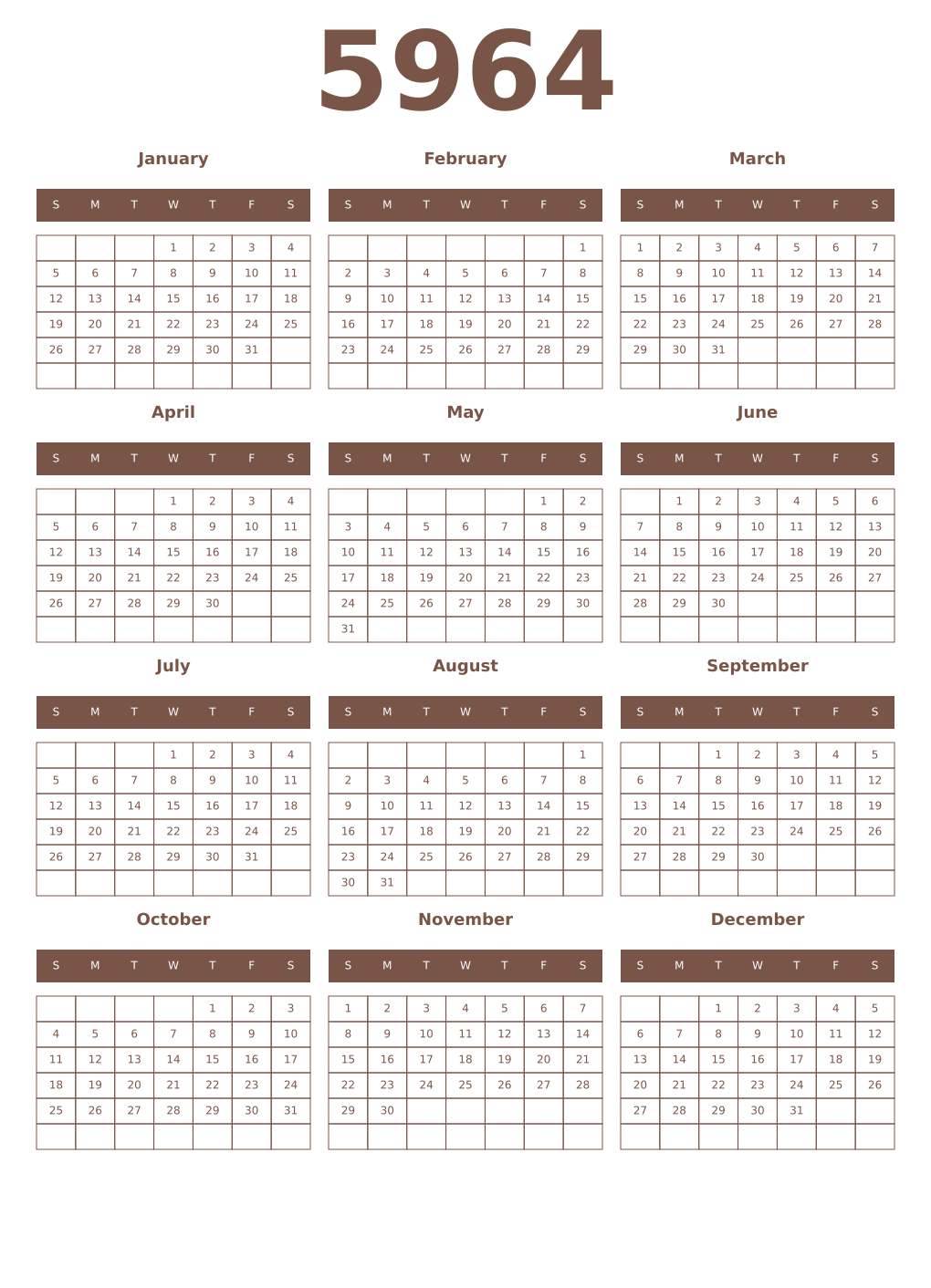 Printable 5964 Year Calendars coffe