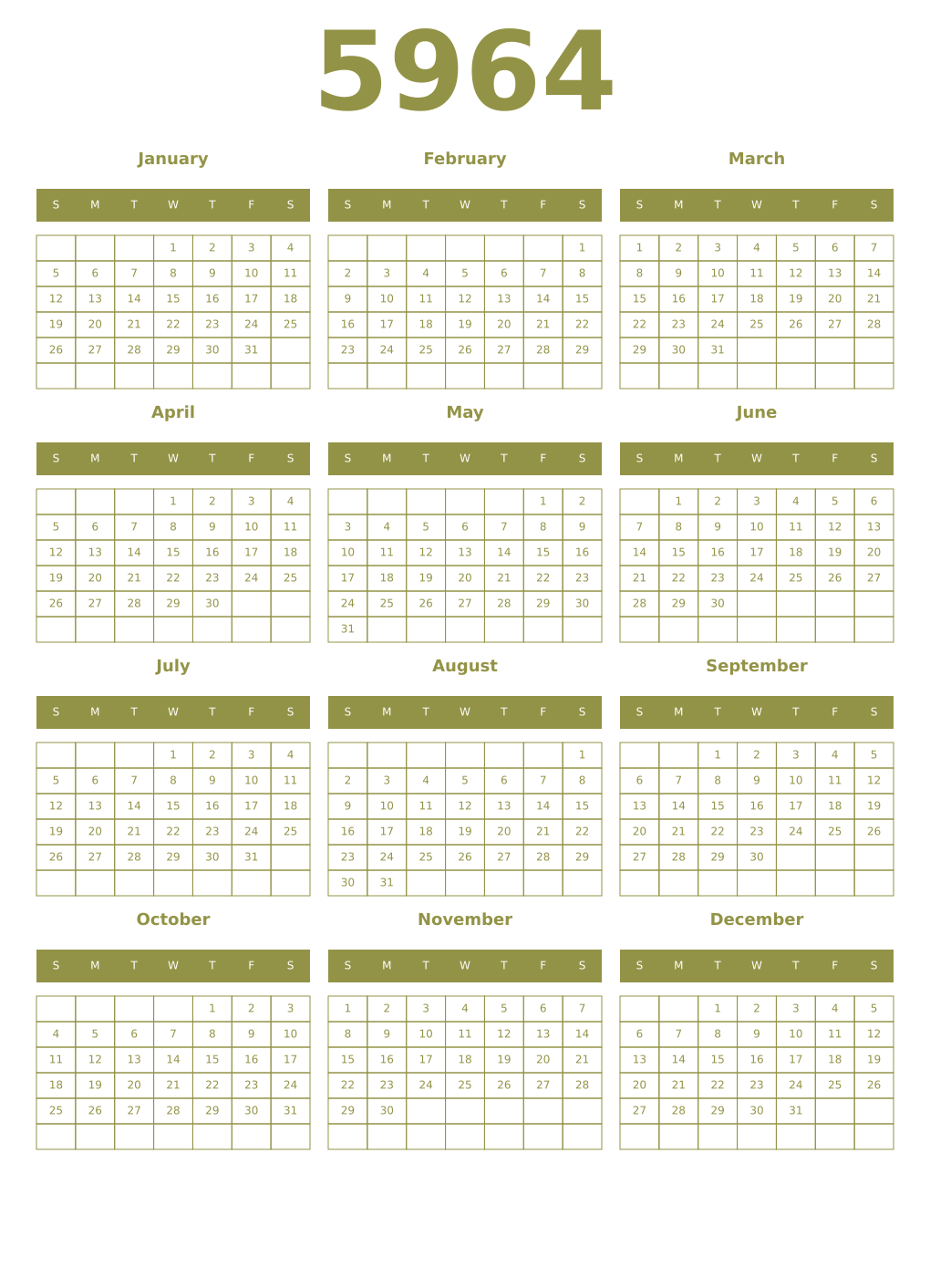 Printable 5964 Year Calendars eburnean