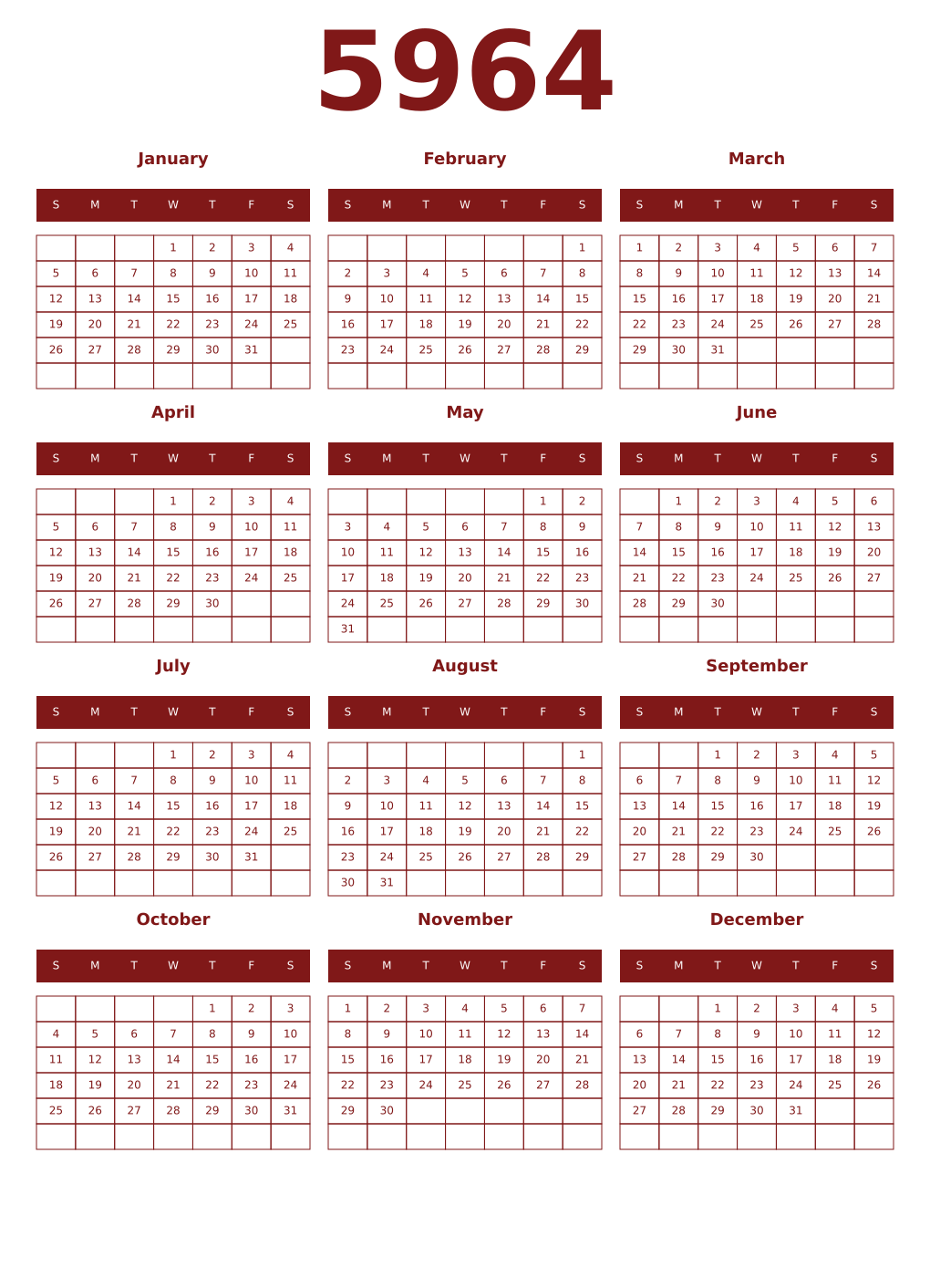 Printable 5964 Year Calendars falu