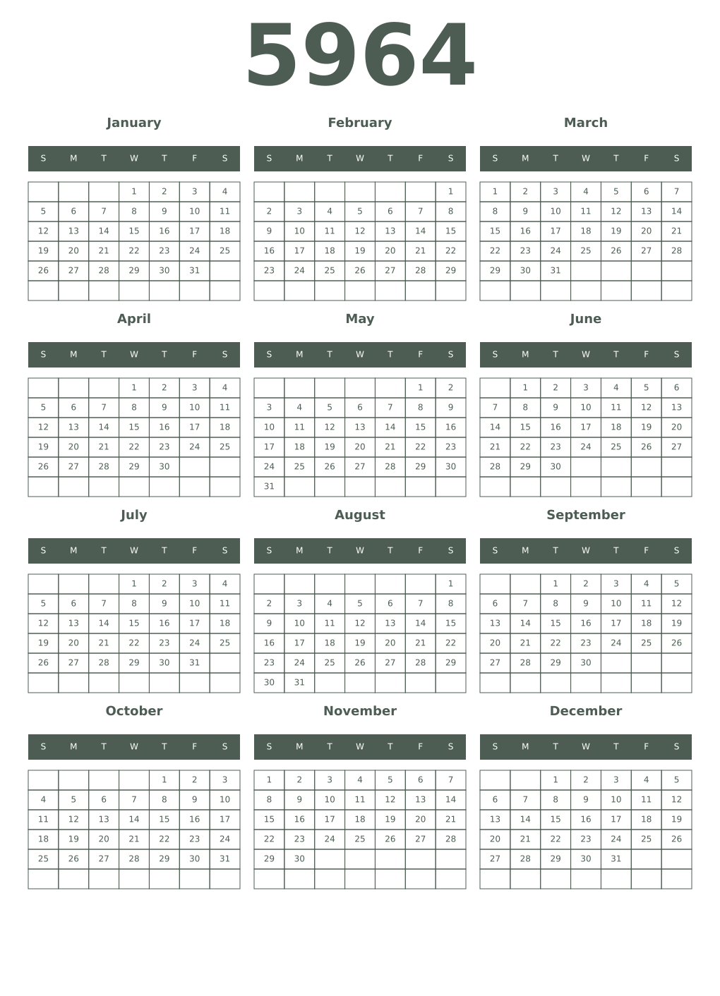 Printable 5964 Year Calendars feldgrau