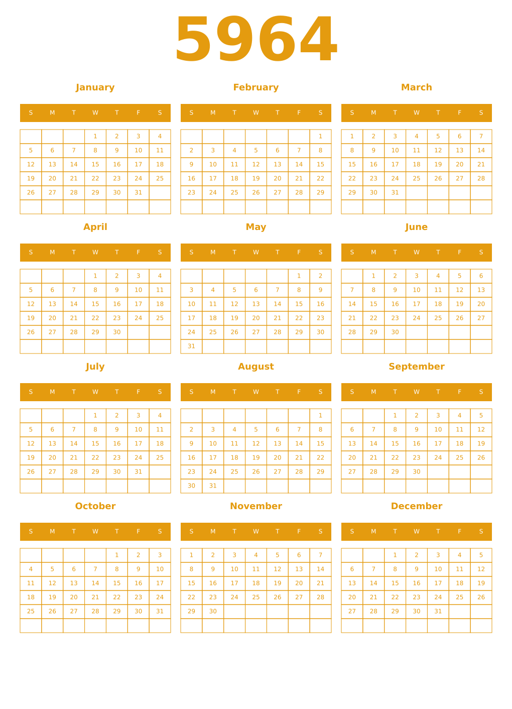 Printable 5964 Year Calendars gamboge