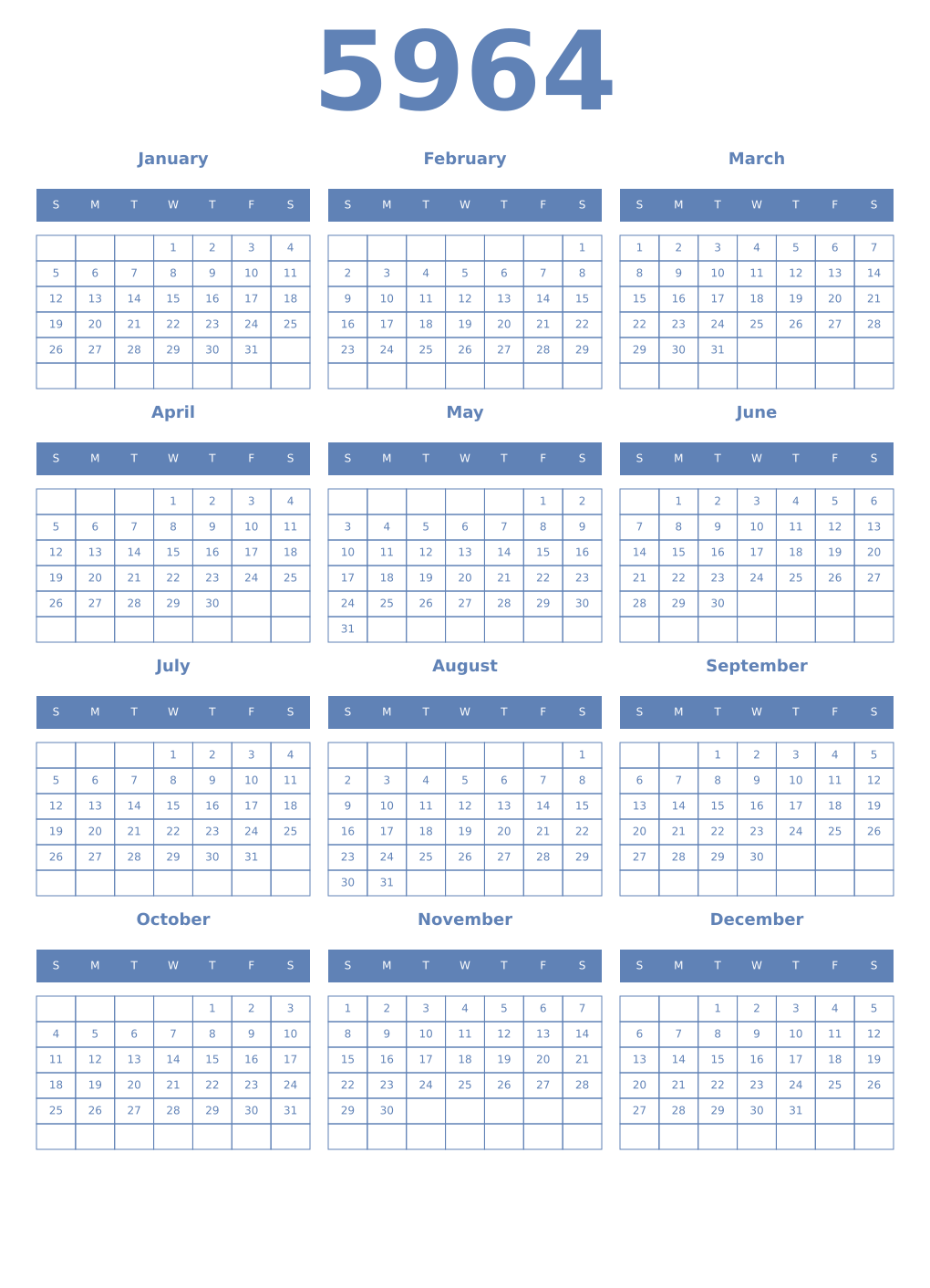 Printable 5964 Year Calendars glaucous