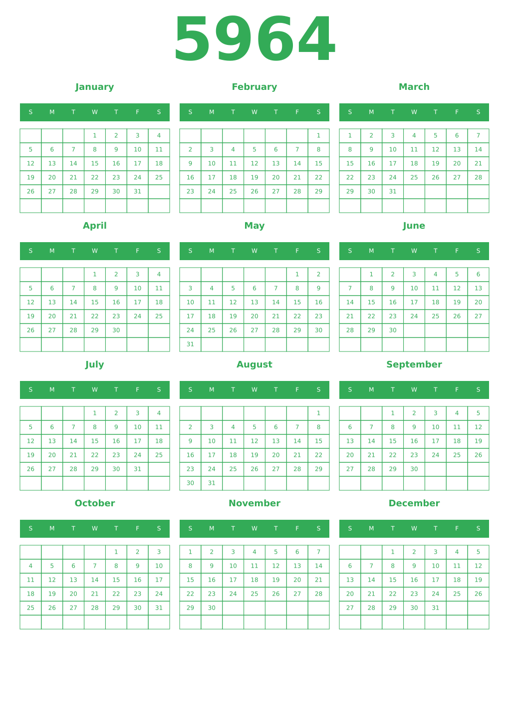 Printable 5964 Year Calendars green