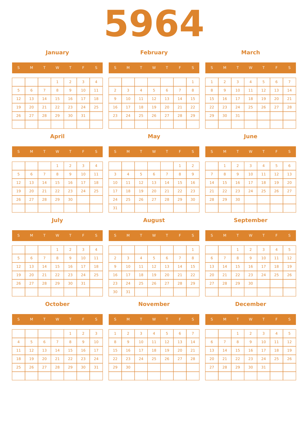 Printable 5964 Year Calendars orange