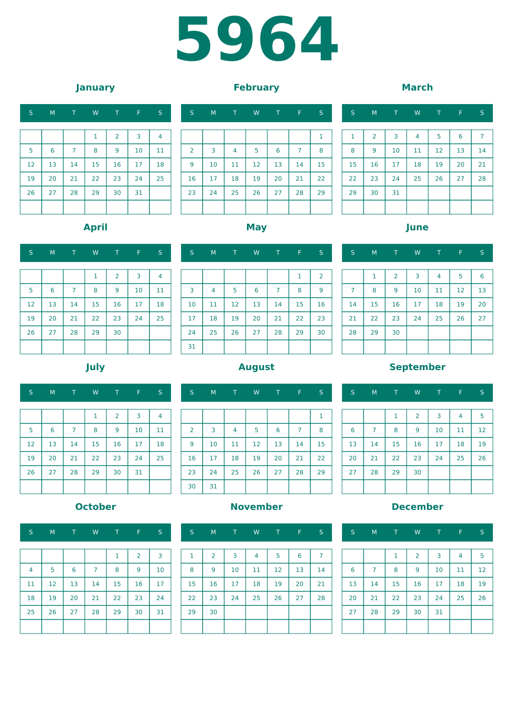 Printable 5964 Year Calendars pastel