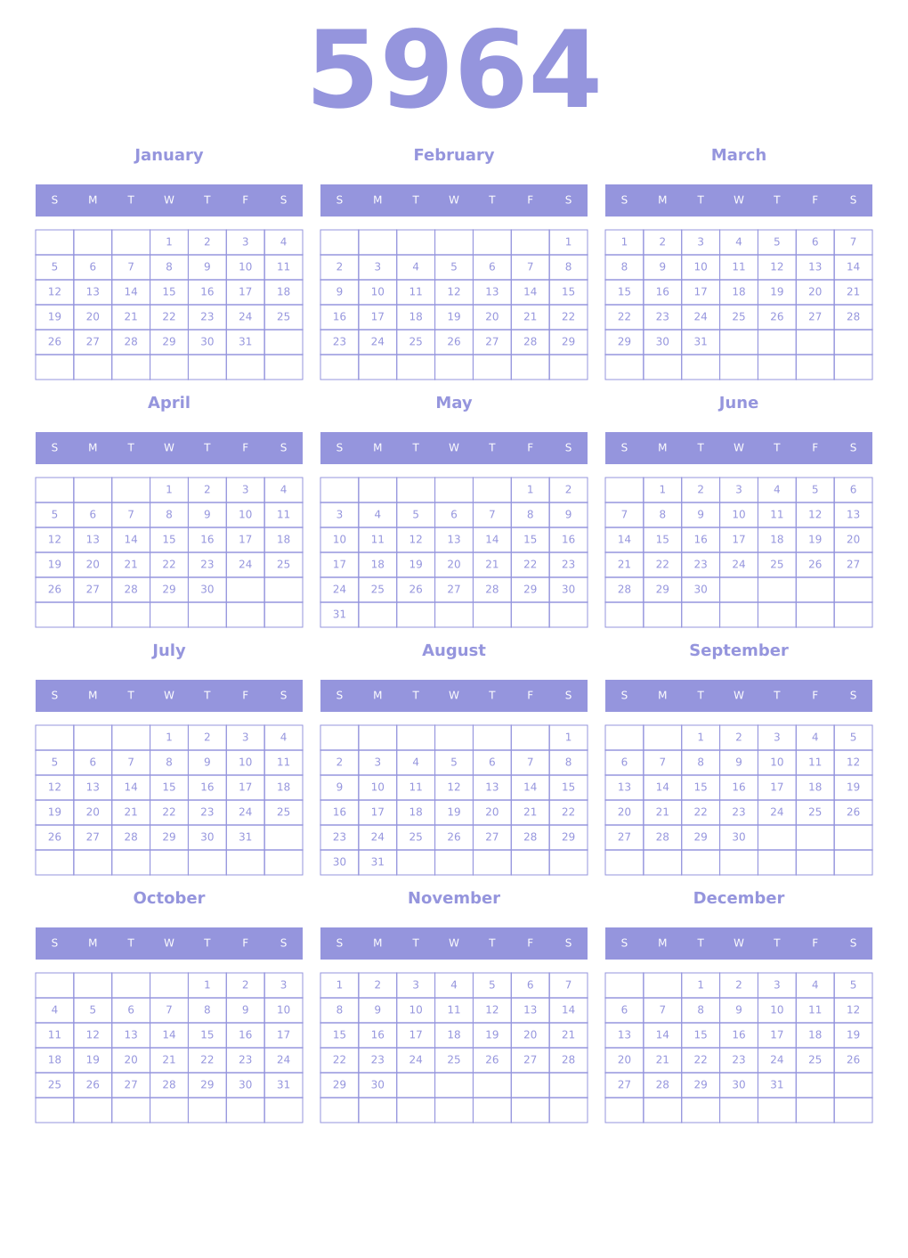 Printable 5964 Year Calendars periwinkle