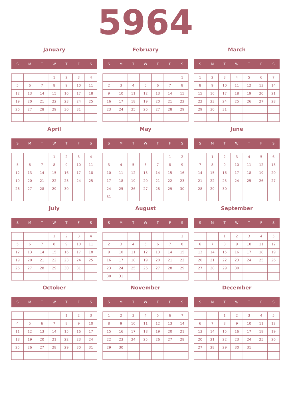 Printable 5964 Year Calendars puce