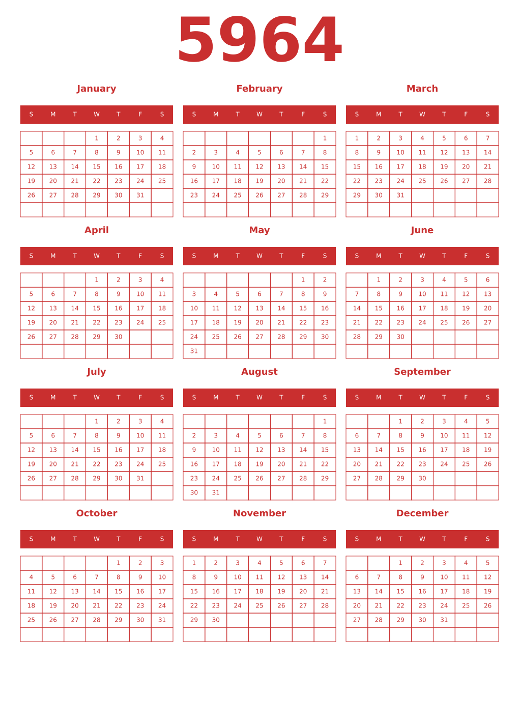 Printable 5964 Year Calendars red
