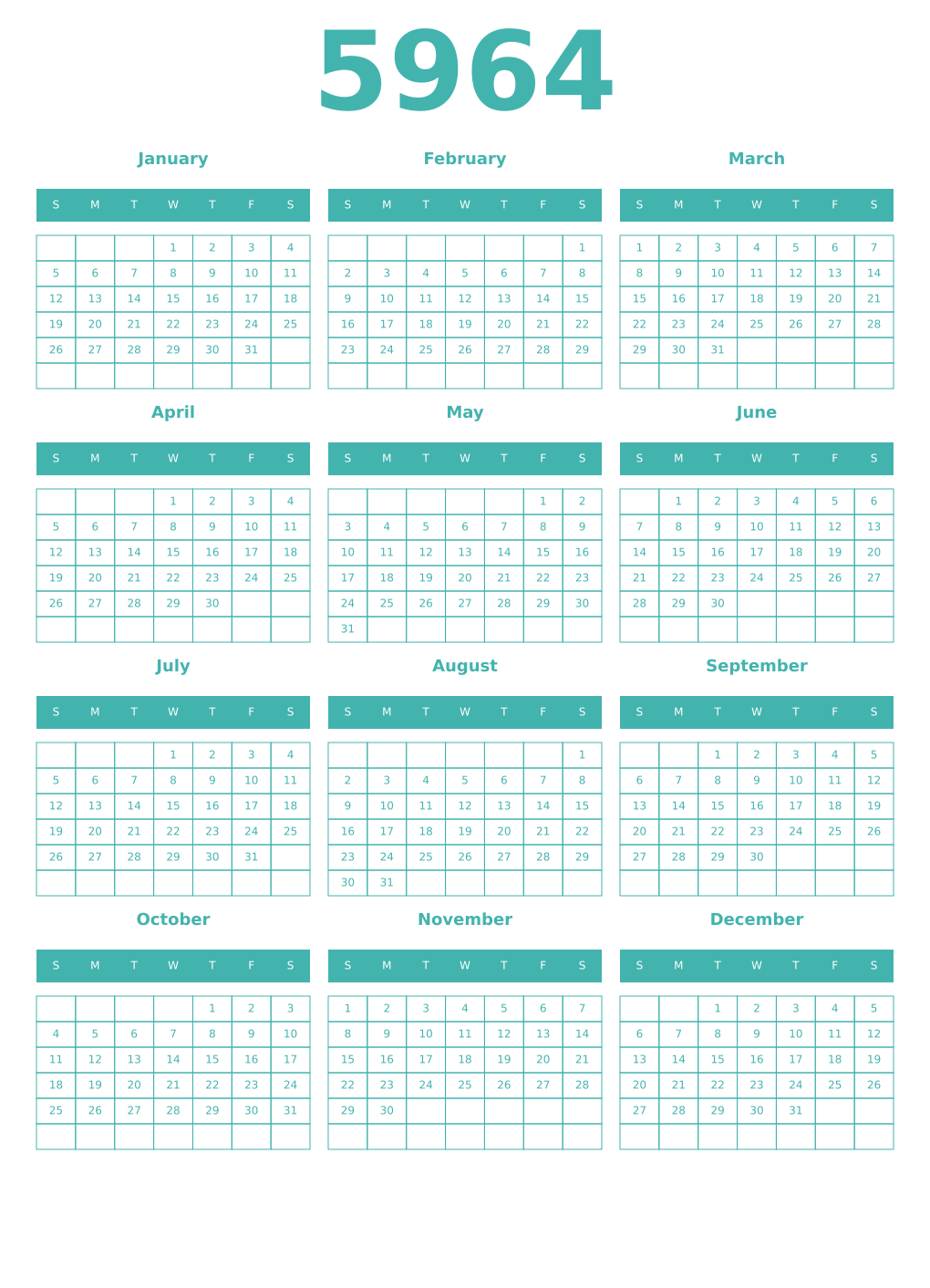 Printable 5964 Year Calendars verdigris