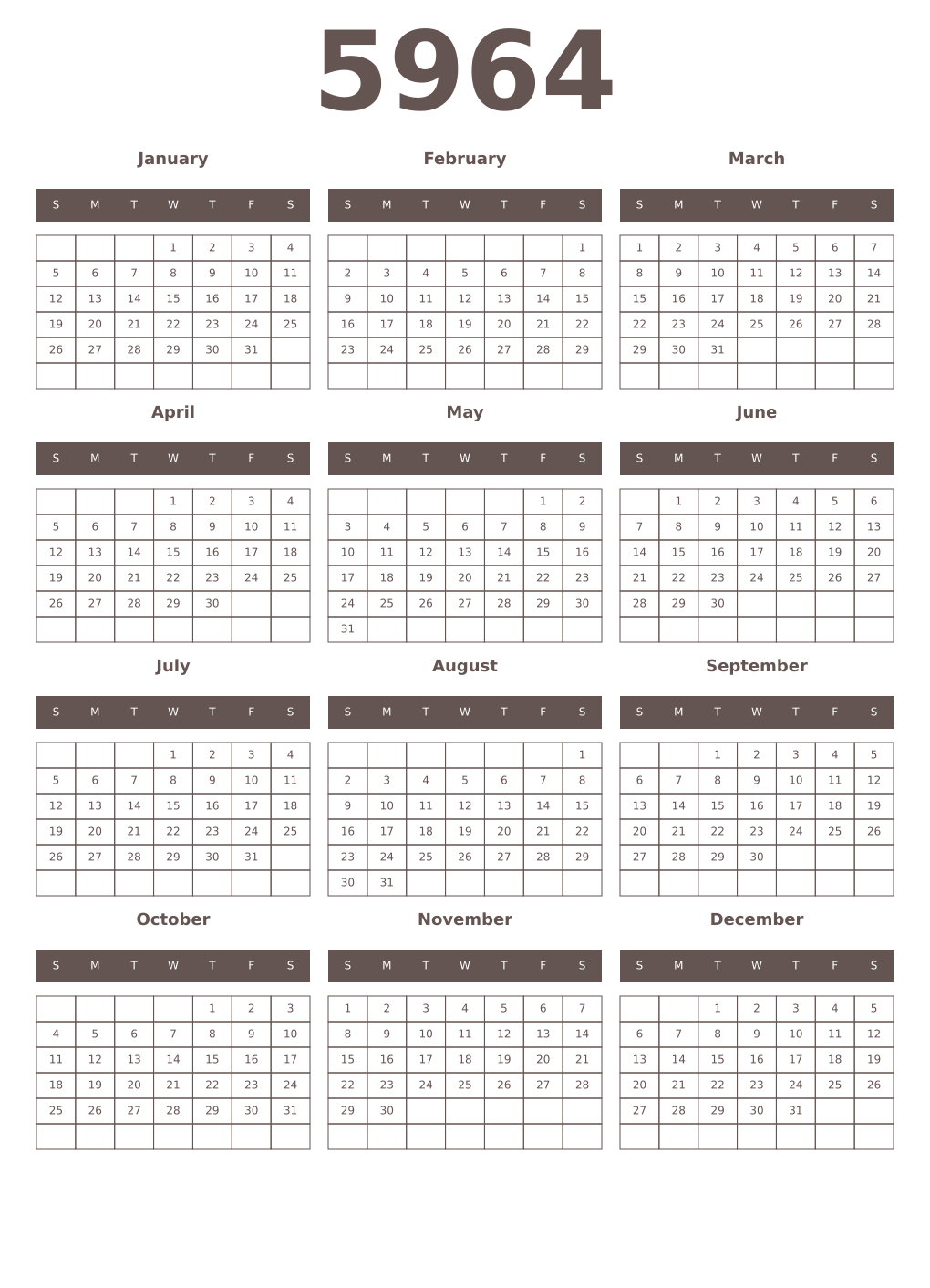 Printable 5964 Year Calendars wenge