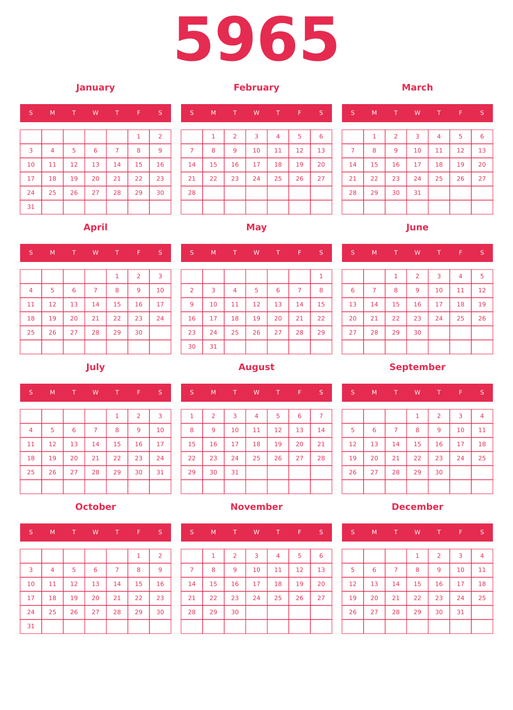 Printable 5965 Year Calendars amaranth
