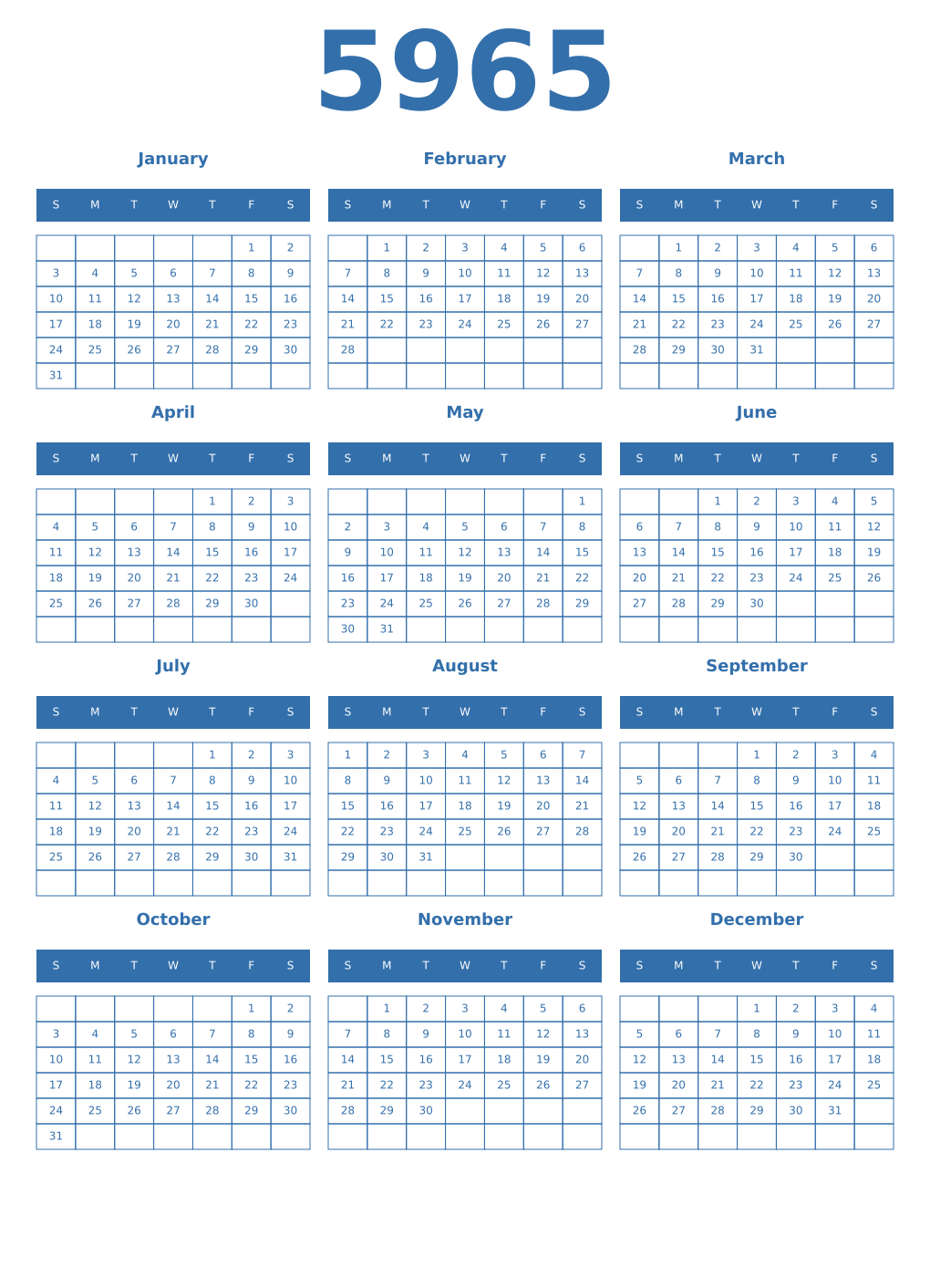 Printable 5965 Year Calendars blue