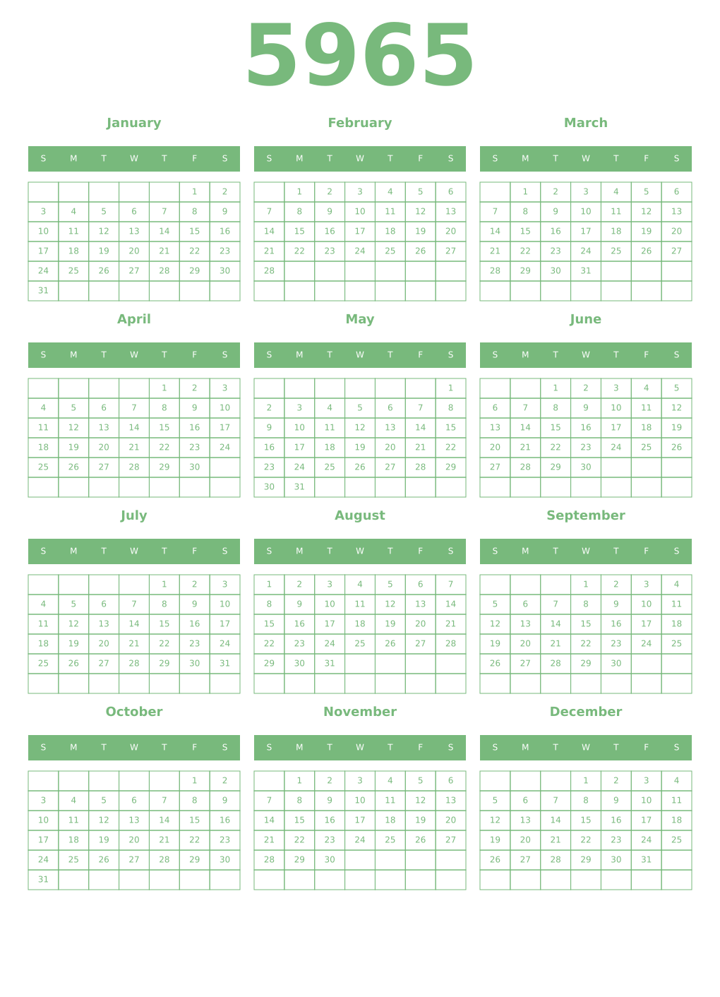 Printable 5965 Year Calendars celadon