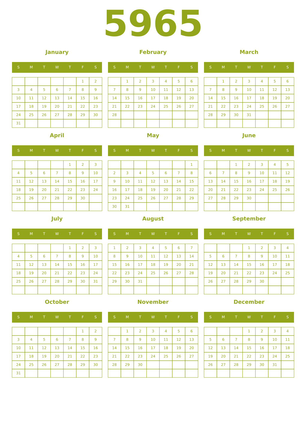 Printable 5965 Year Calendars chartreuse