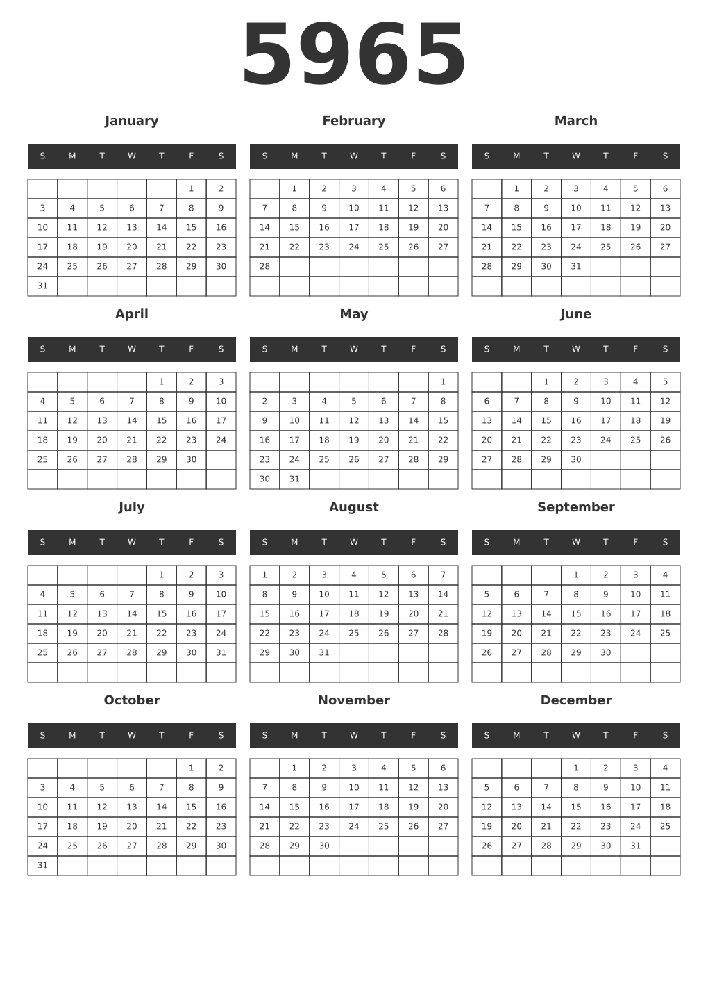 Printable 5965 Year Calendars dark