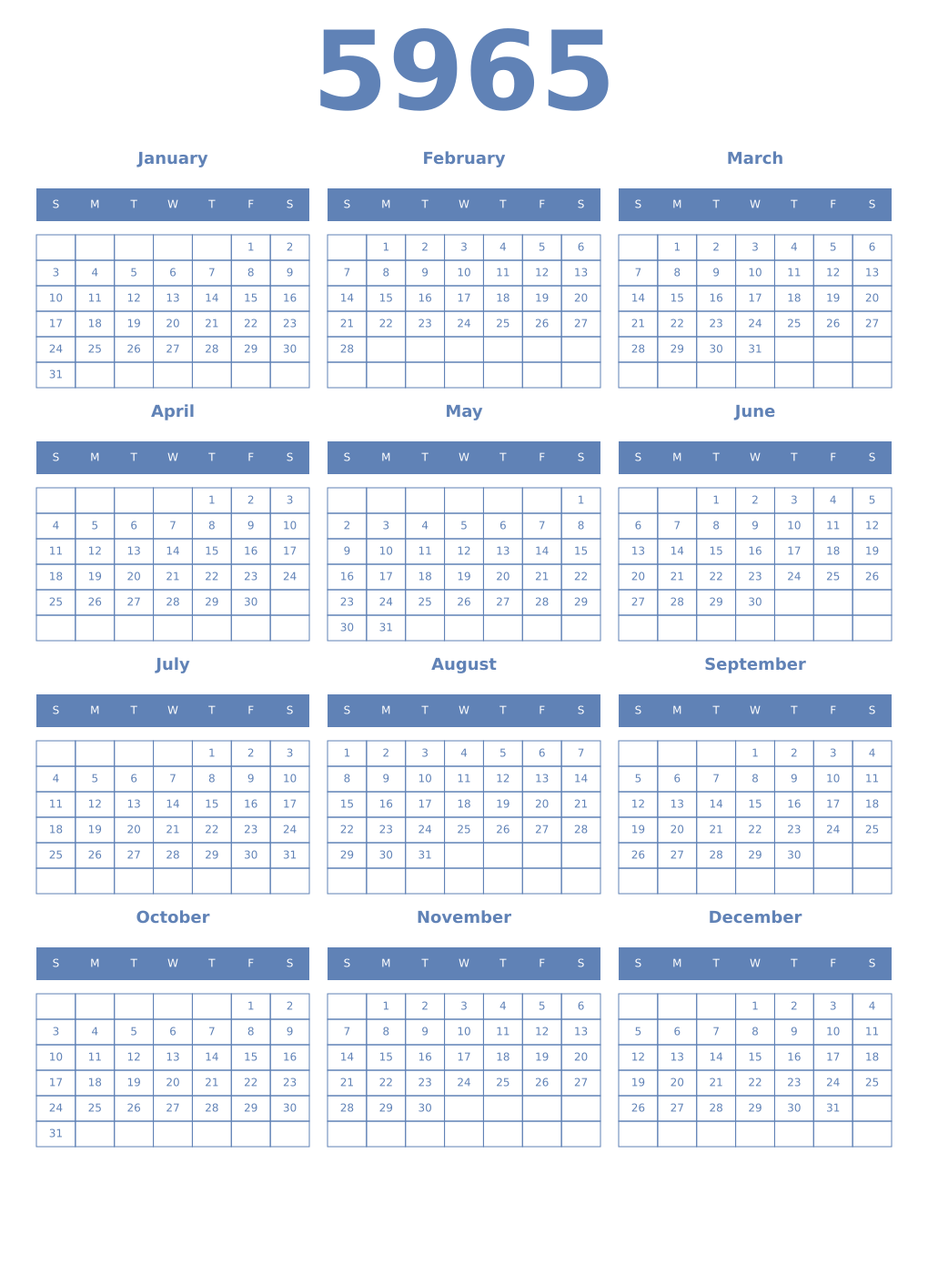 Printable 5965 Year Calendars glaucous