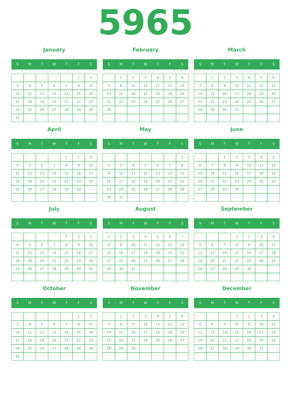 Printable 5965 Year Calendars green