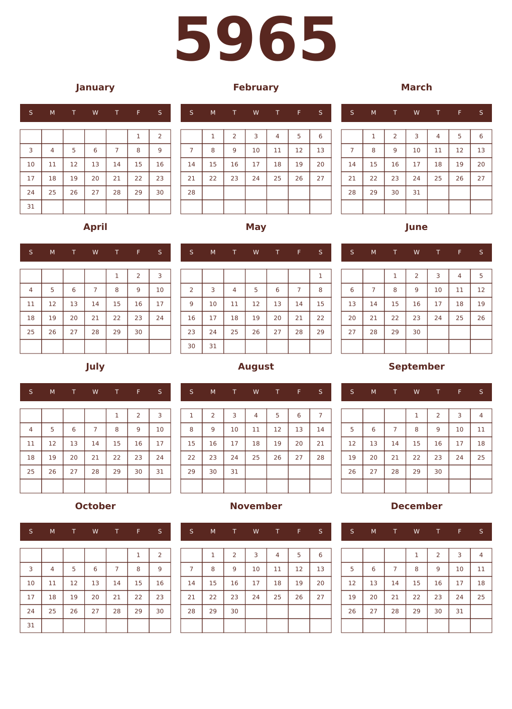 Printable 5965 Year Calendars mortuum