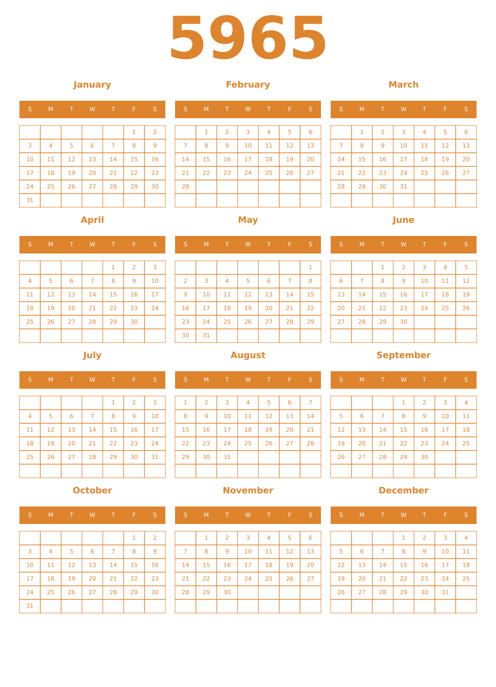 Printable 5965 Year Calendars orange