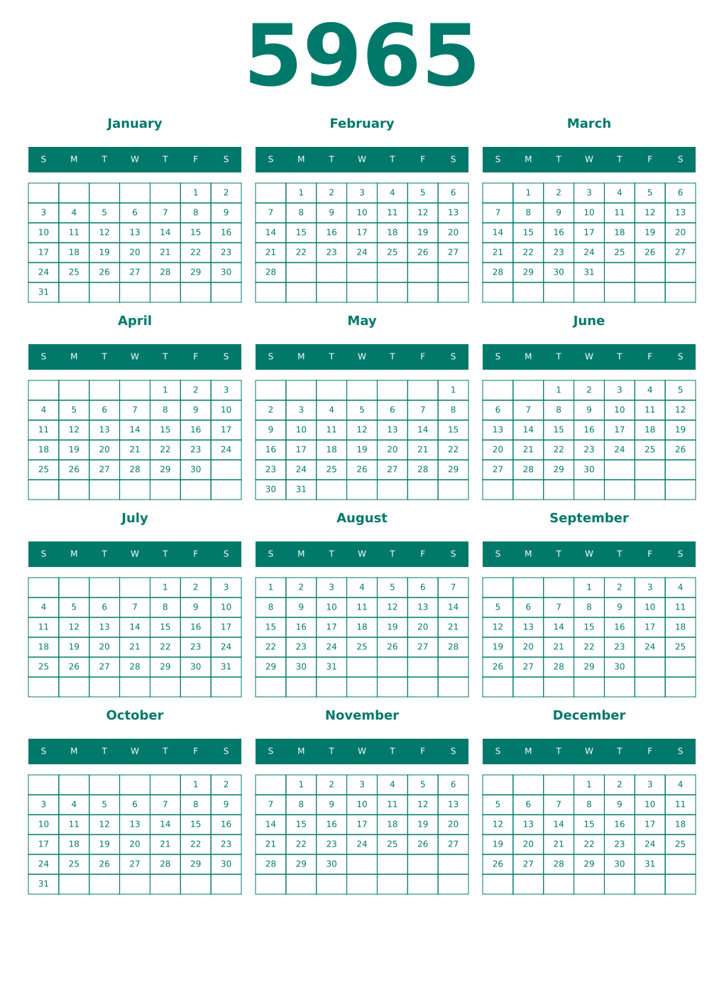 Printable 5965 Year Calendars pastel