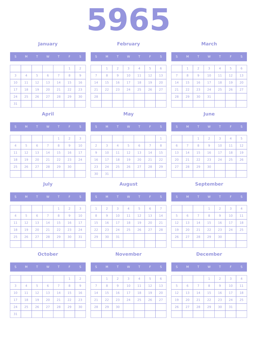 Printable 5965 Year Calendars periwinkle